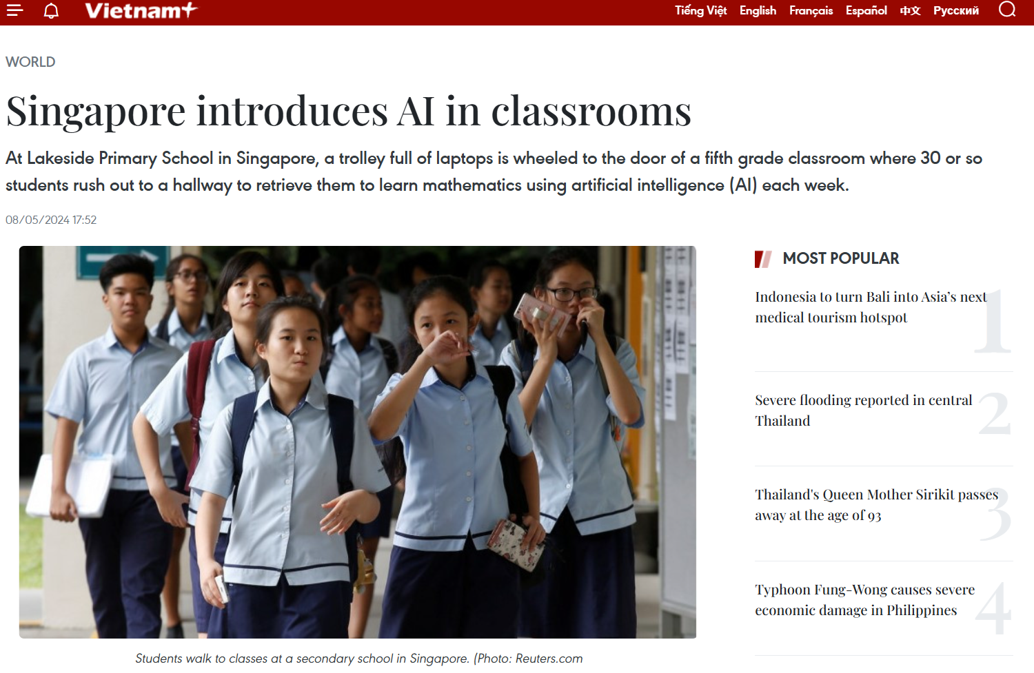 Screenshot from Vietnam Plus website featuring Lakeside Primary School
